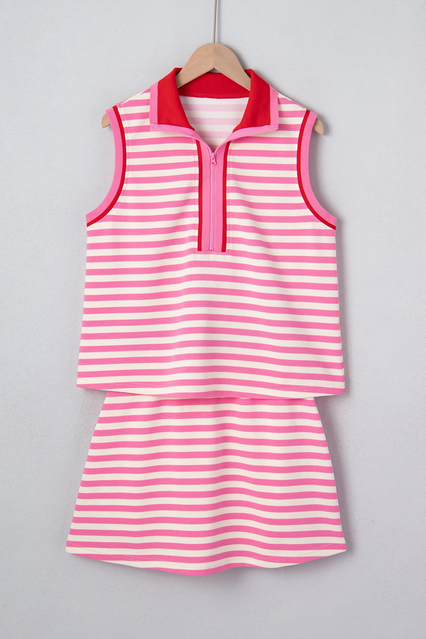 Striped Zip Collar Sleeveless Skort Set Casual Outfit