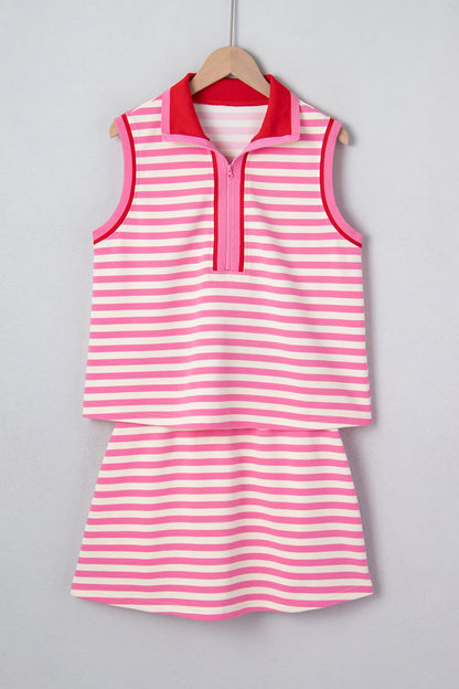 Striped Zip Collar Sleeveless Skort Set Casual Outfit