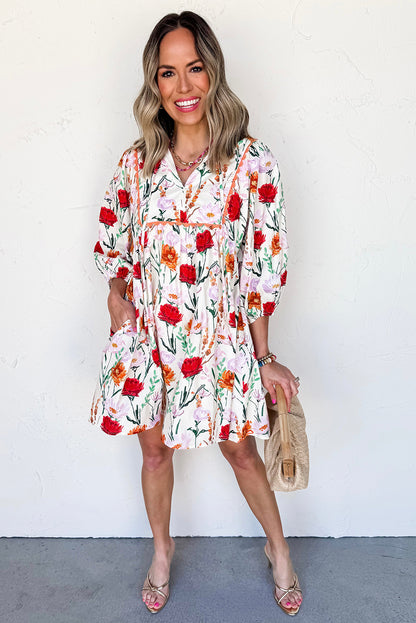 Easter Floral Ricrac Trim Puff Sleeve Mini Dress