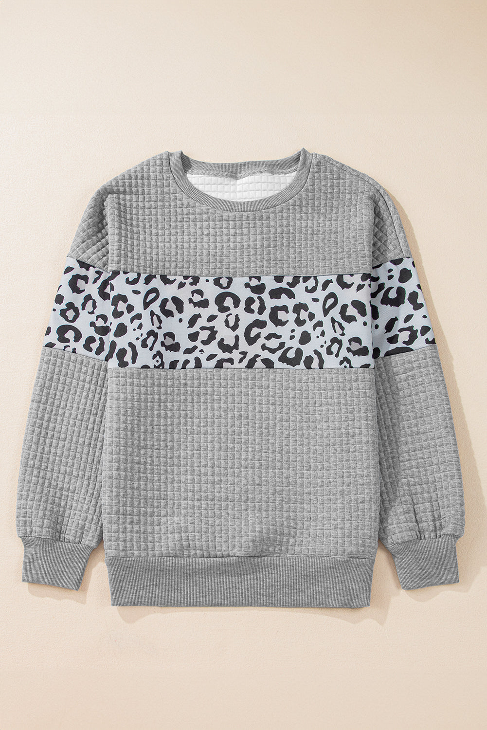 Gray Leopard Quilted Patchwork Crew Neck Sweatshirt