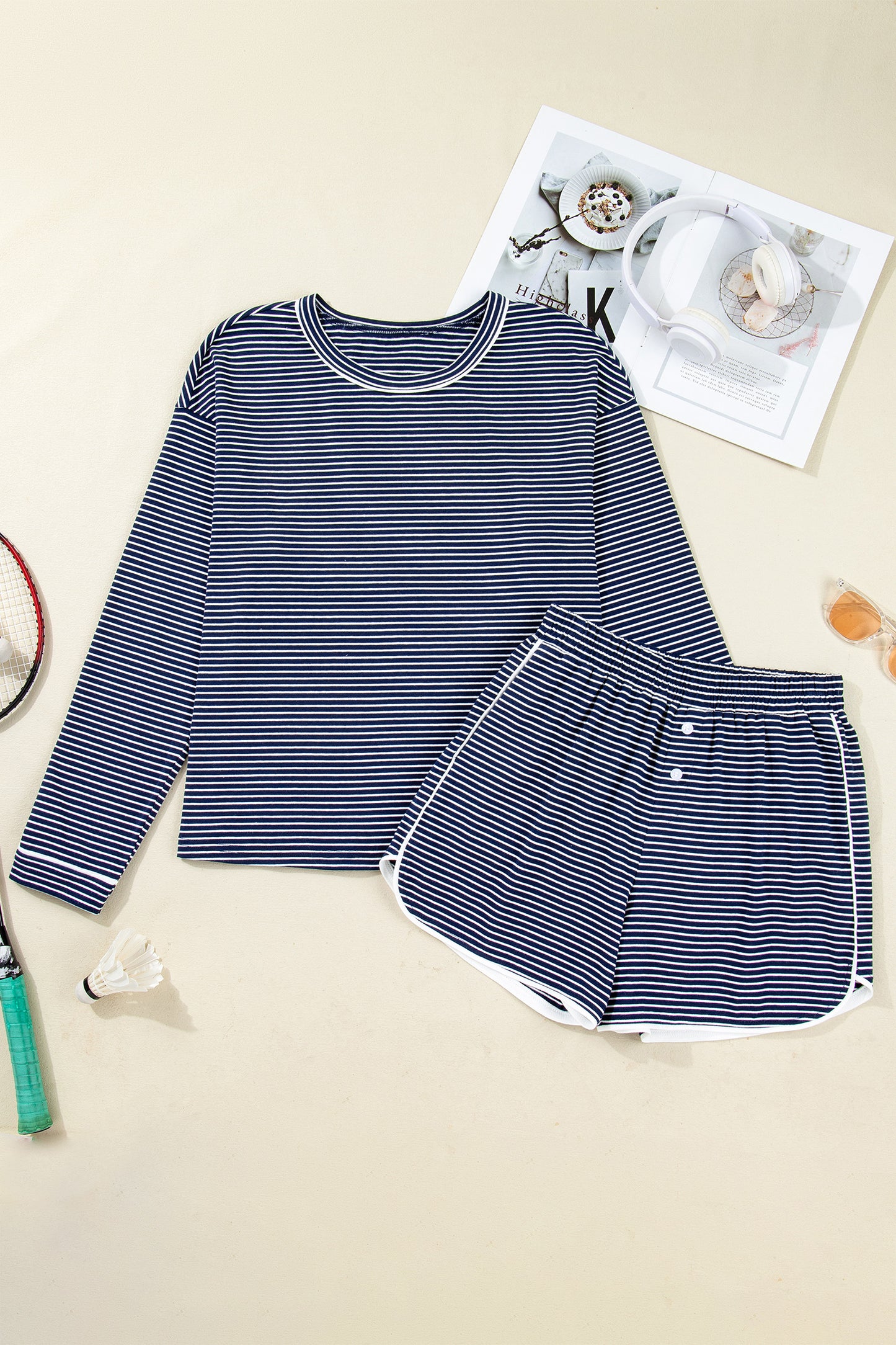 Blue Striped Long Sleeve Top and Buttoned Shorts Lounge Set