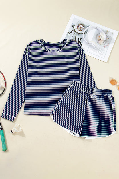 Blue Striped Long Sleeve Top and Buttoned Shorts Lounge Set