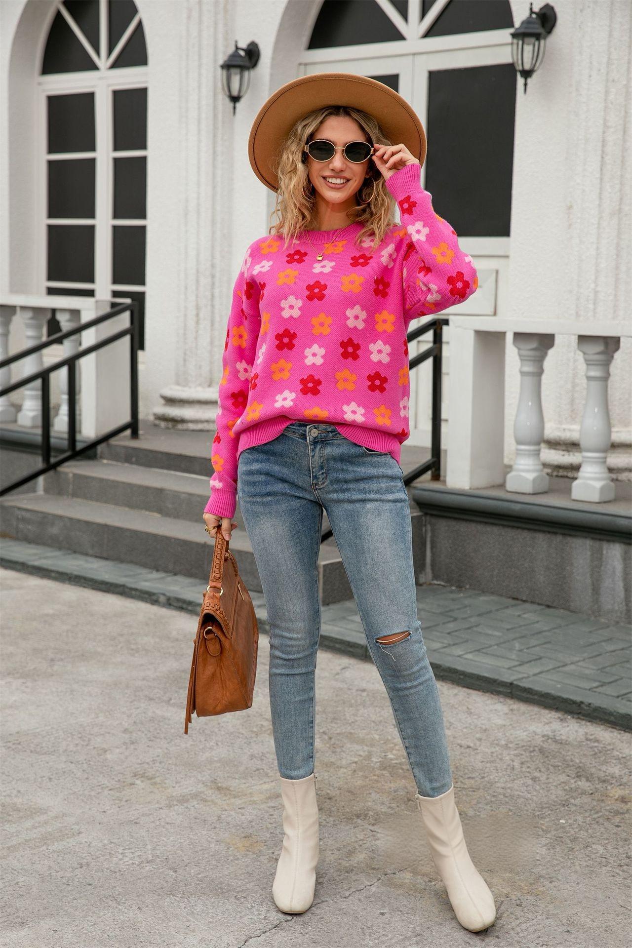 Retro Floral Print Pullover Sweater – Cozy Fall Knit