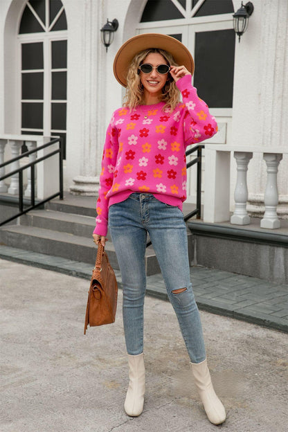 Retro Floral Print Pullover Sweater – Cozy Fall Knit