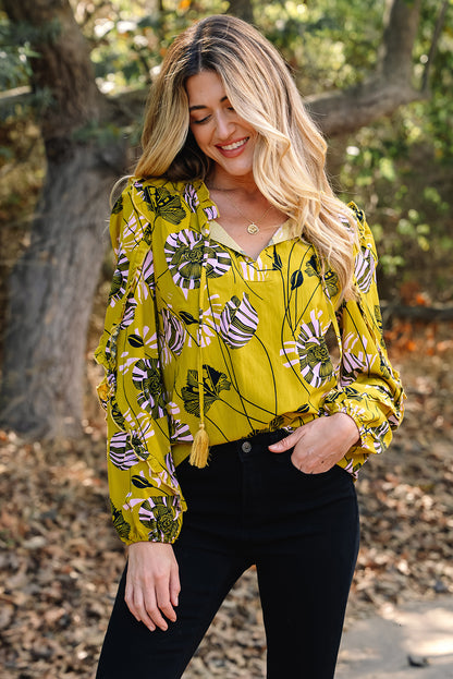 Yellow Vintage Floral V Neck Ruffle Long Sleeve Blouse