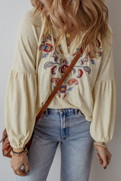 Floral Embroidered V Neck Balloon Sleeve Blouse
