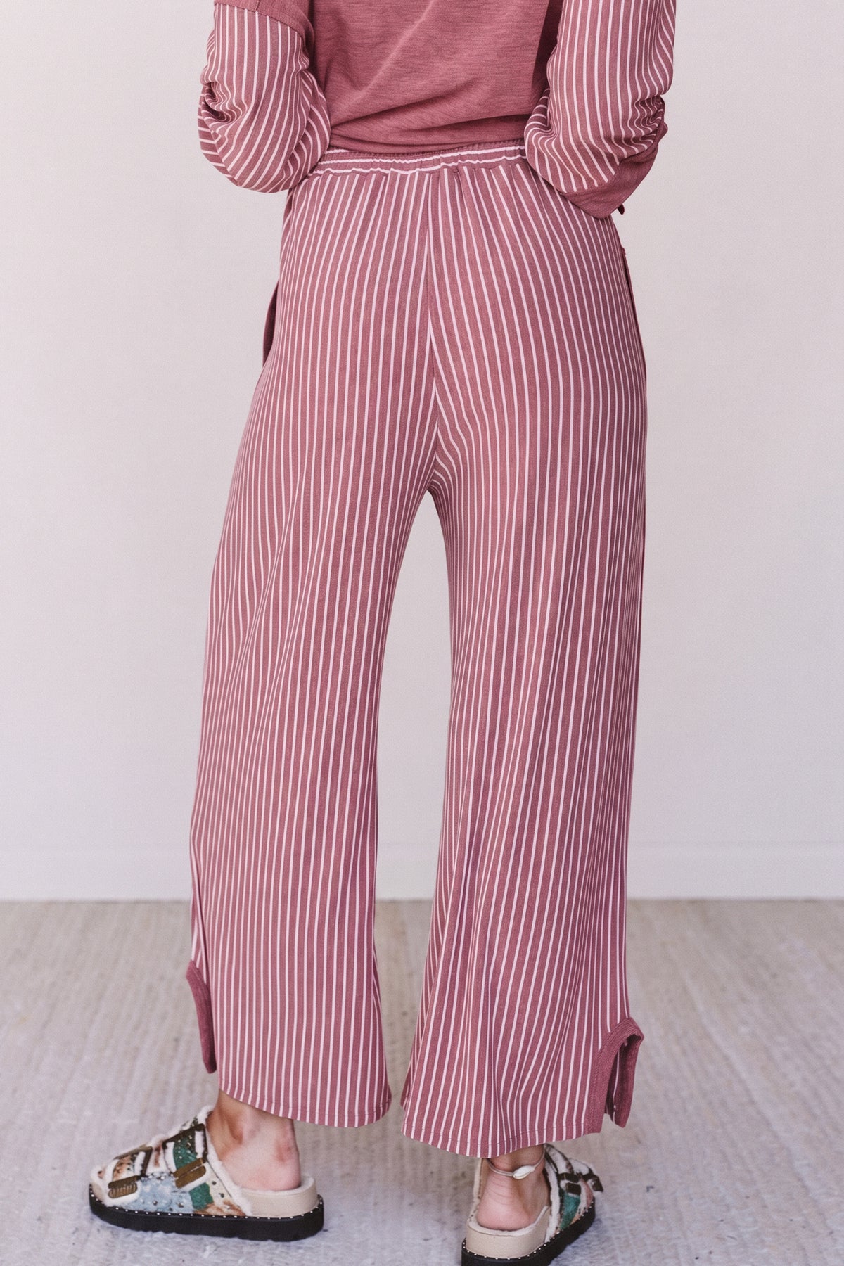 Women’s Stripe 2 Piece Lounge Set Long Sleeve Top Wide Leg Pants