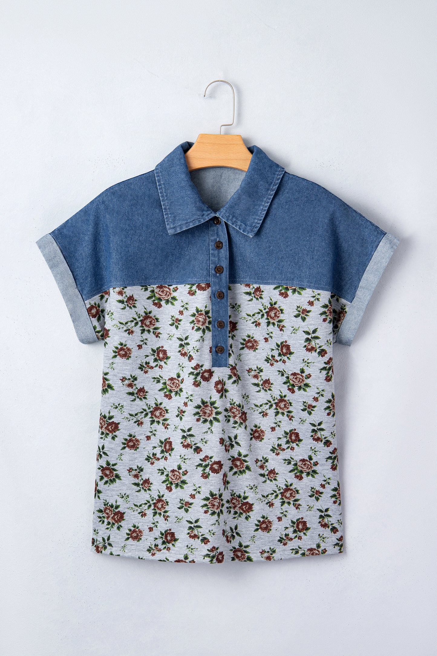 Floral Color Block Polo Henley Button Casual Top