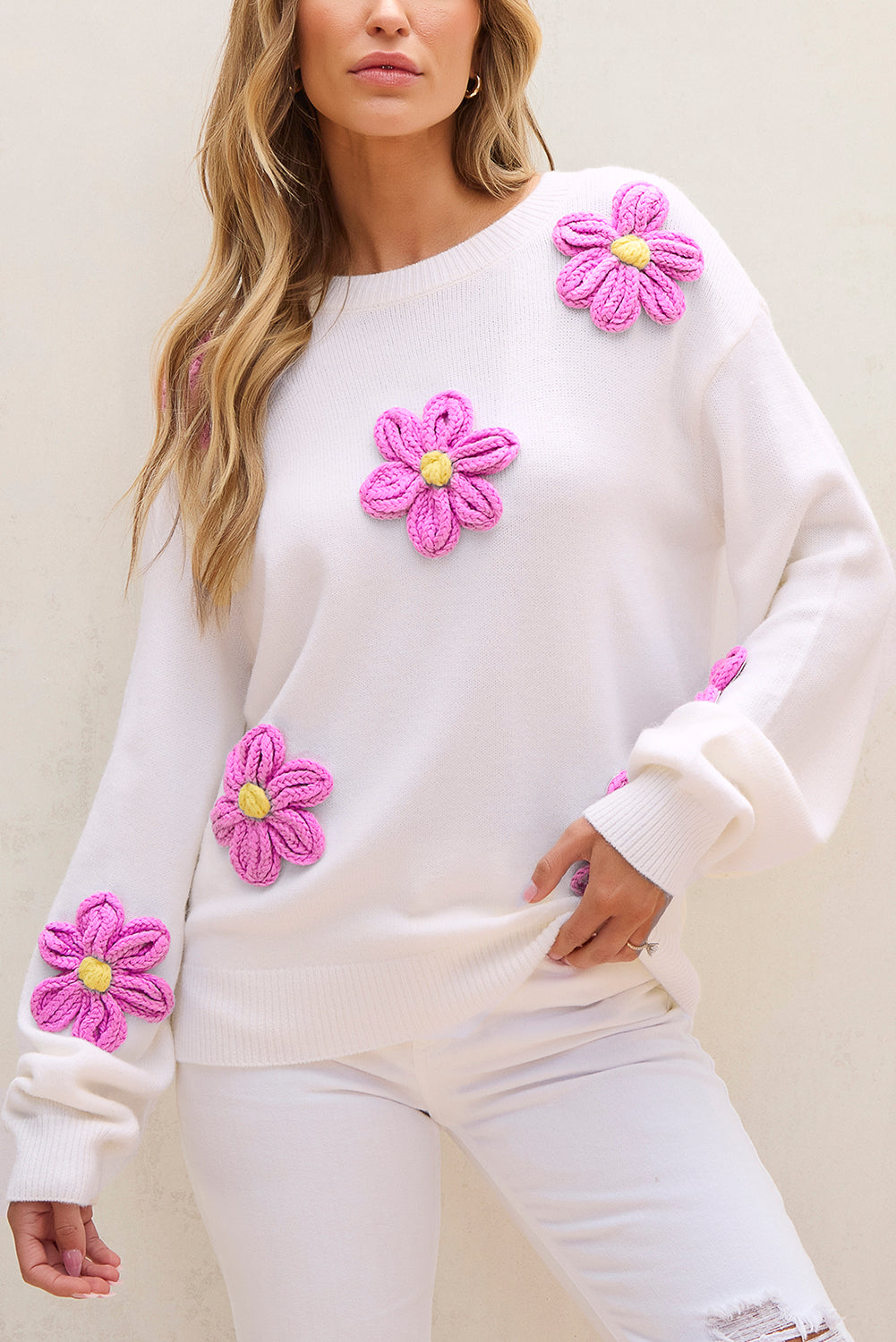 Parchment Floral Crochet Chunky Knit Sweater