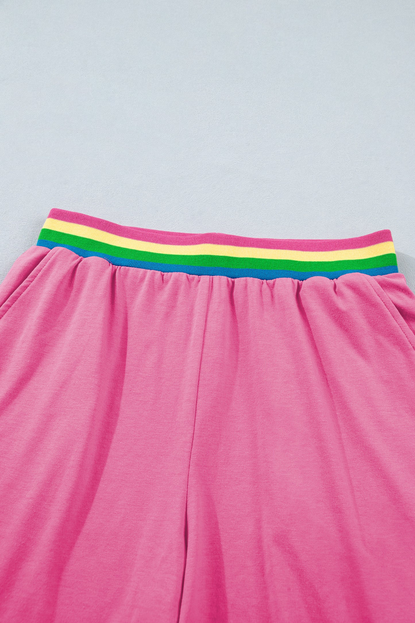 Bright Pink Lounge Set Rainbow Waistband Tee and Shorts