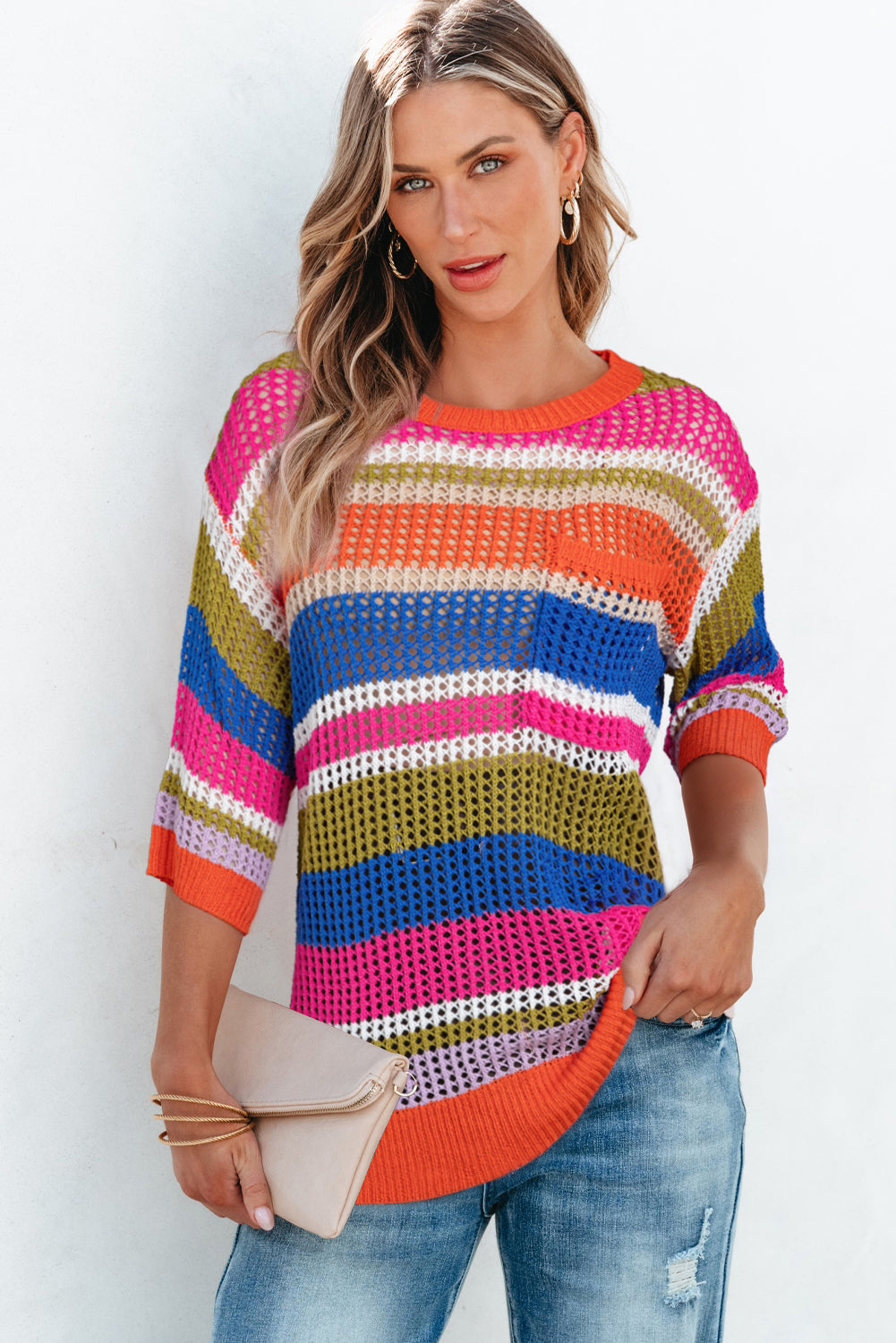 Orange Stripe Colorblock Hollowed Crochet 3/4 Sleeve Sweater