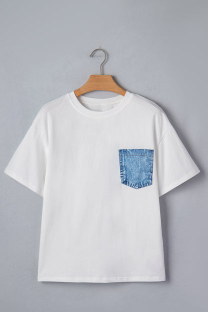Pocket Tee Women Contrast Denim Pocket Casual T Shirt