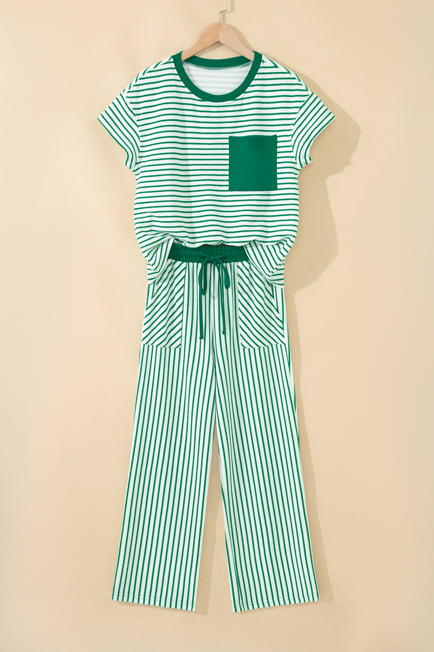 Khaki Stripe Crew Neck Tee Drawstring Waist Cropped Pants Set