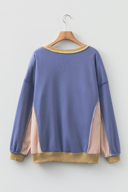 Color Block Patchwork Waffle Knit Oversized Sweatshirt