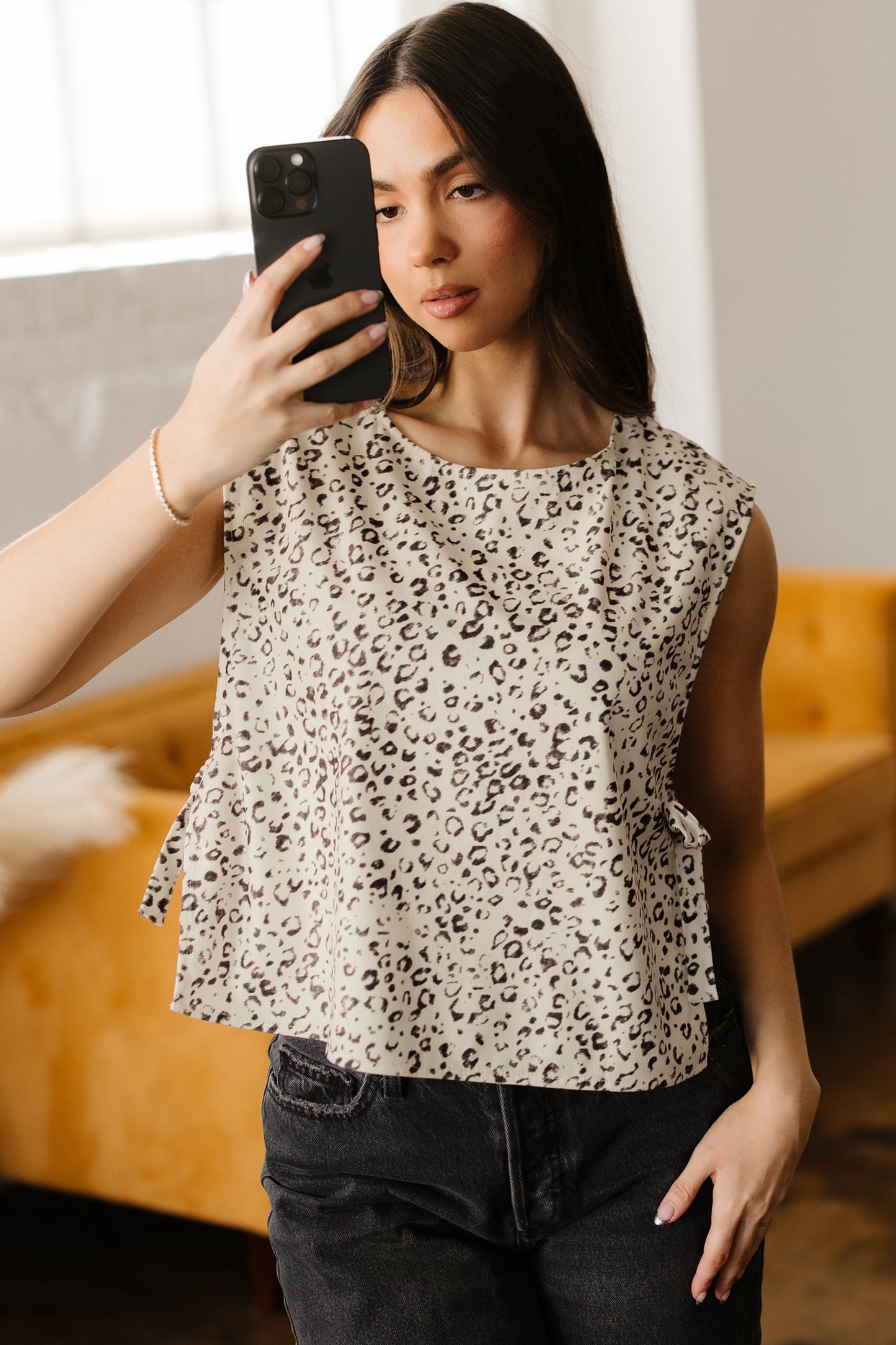 Apricot Leopard Print Side Tie Sleeveless Blouse