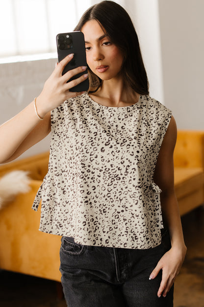 Apricot Leopard Print Side Tie Sleeveless Blouse