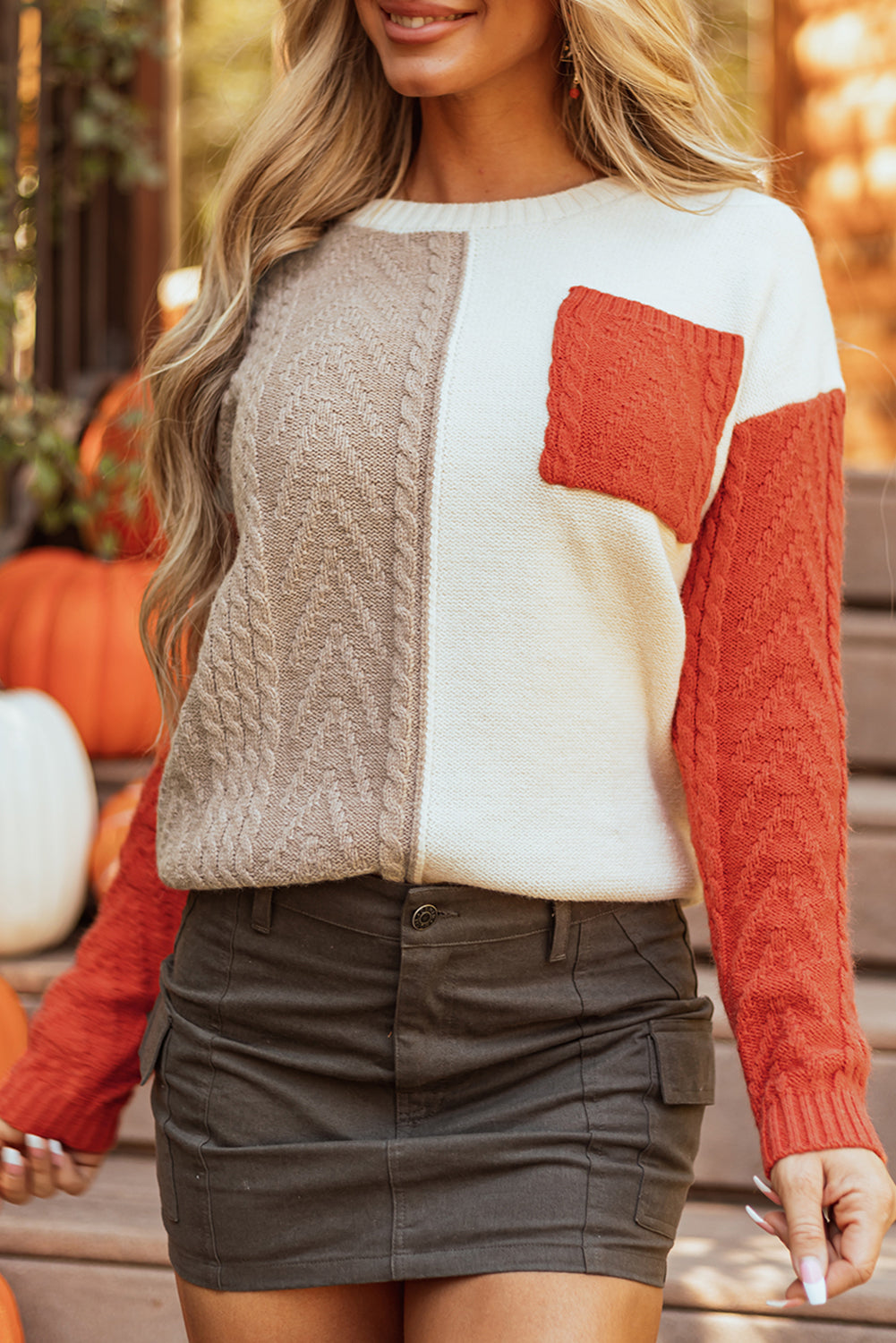 Gold Flame Colorblock Cable Knit Sweater Drop Shoulder