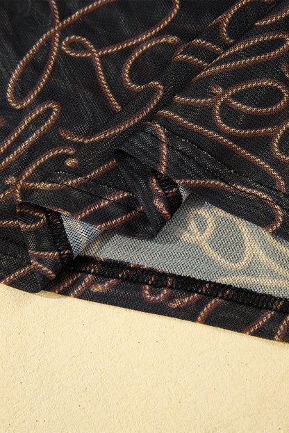 Black Western Rodeo Print Mesh Mock Neck Top