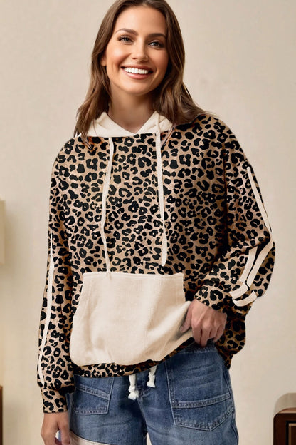 Leopard Print Waffle Knit Contrast Hoodie with Kangaroo Pocket
