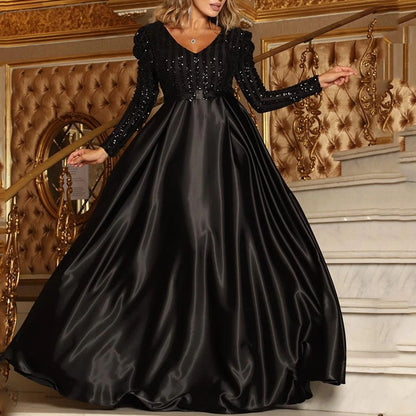 Deep V-Neck Long Sleeve Satin Lace Evening Gown
