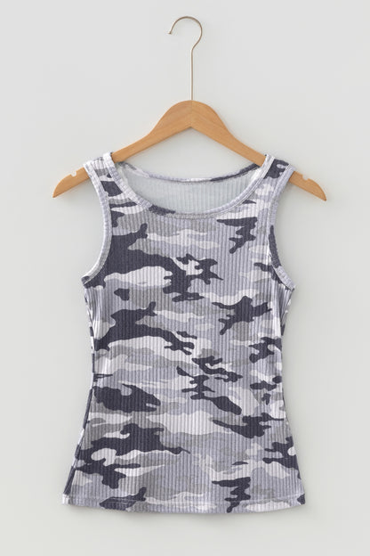 Green Camo Ribbed Knit Scoop Neck Tank Top