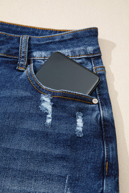 Sail Blue High-Waist Distressed Raw Hem Denim Shorts