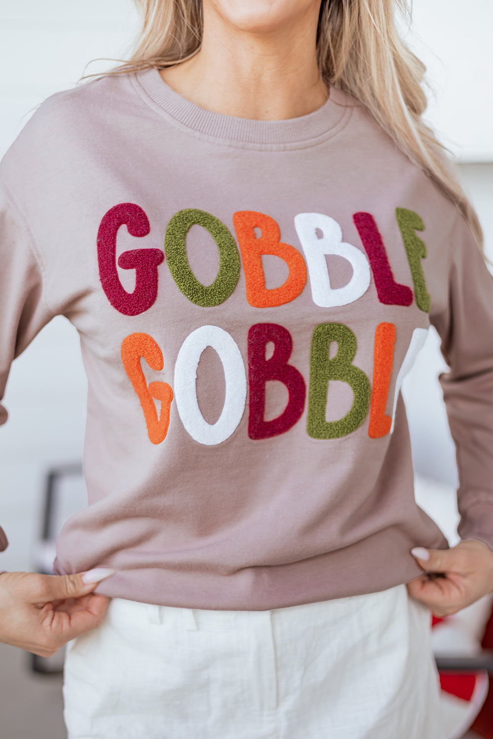 Khaki Gobble Gobble Chenille Letter Thanksgiving Sweatshirt