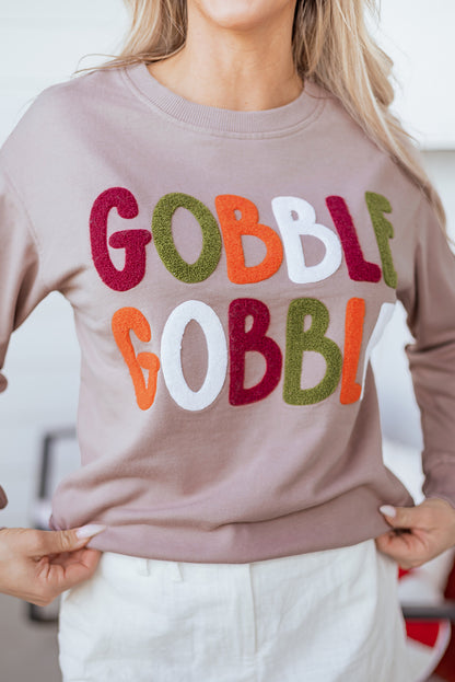Khaki Gobble Gobble Chenille Letter Thanksgiving Sweatshirt