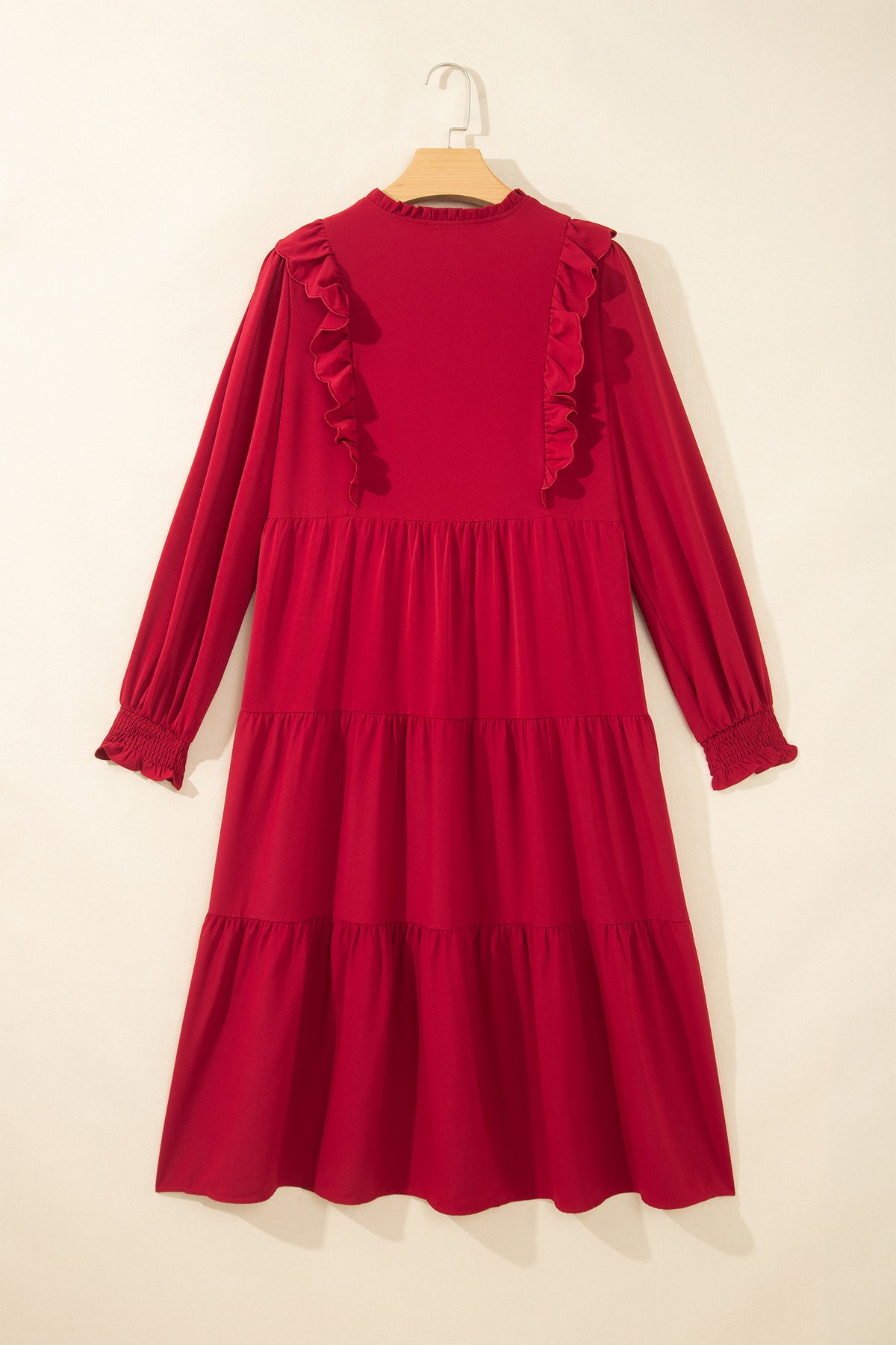 Red Ruffle V-Neck Long Sleeve Tiered Midi Dress