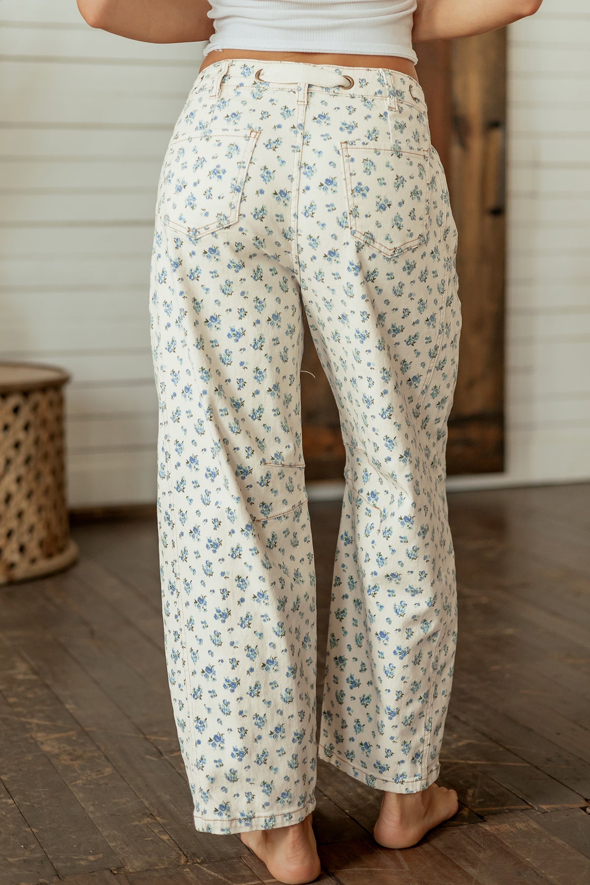 Floral Barrel Leg Drawstring Waist Casual Pants Women