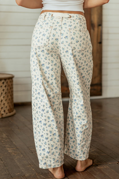 Floral Barrel Leg Drawstring Waist Casual Pants Women
