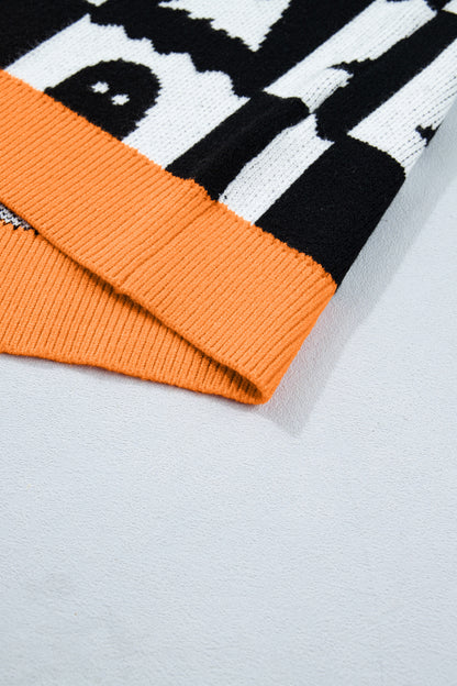 Halloween Ghost Print Checkerboard Knit Sweater
