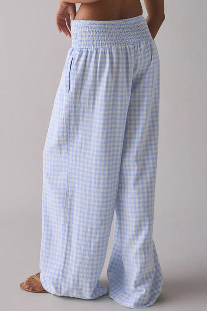 Plaid Smocked High Waist Wide Leg Casual Pants