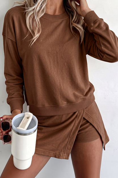 Dirty blue Solid Color Long Sleeve Top Split Skort 2pcs Outfit
