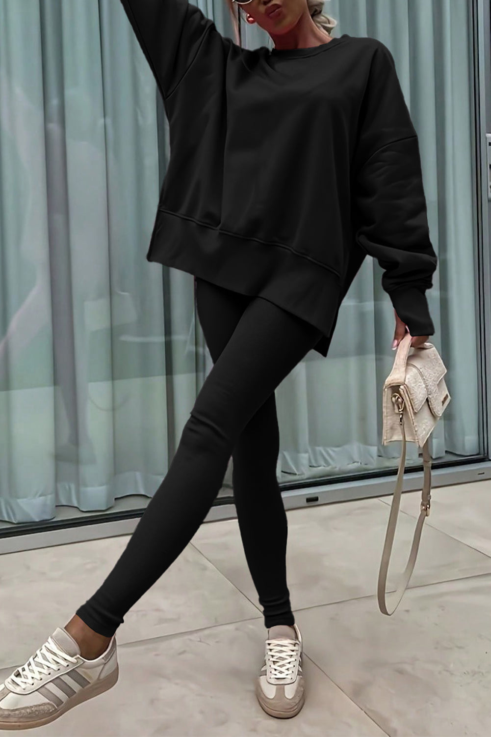 Solid Oversize Slit Sweatshirt with Ribbed Leggings Set
