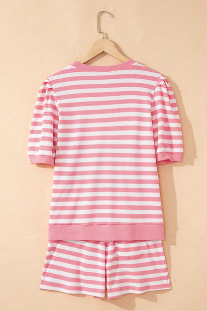 Green Stripe Puff Sleeve Lounge Set Drawstring Shorts