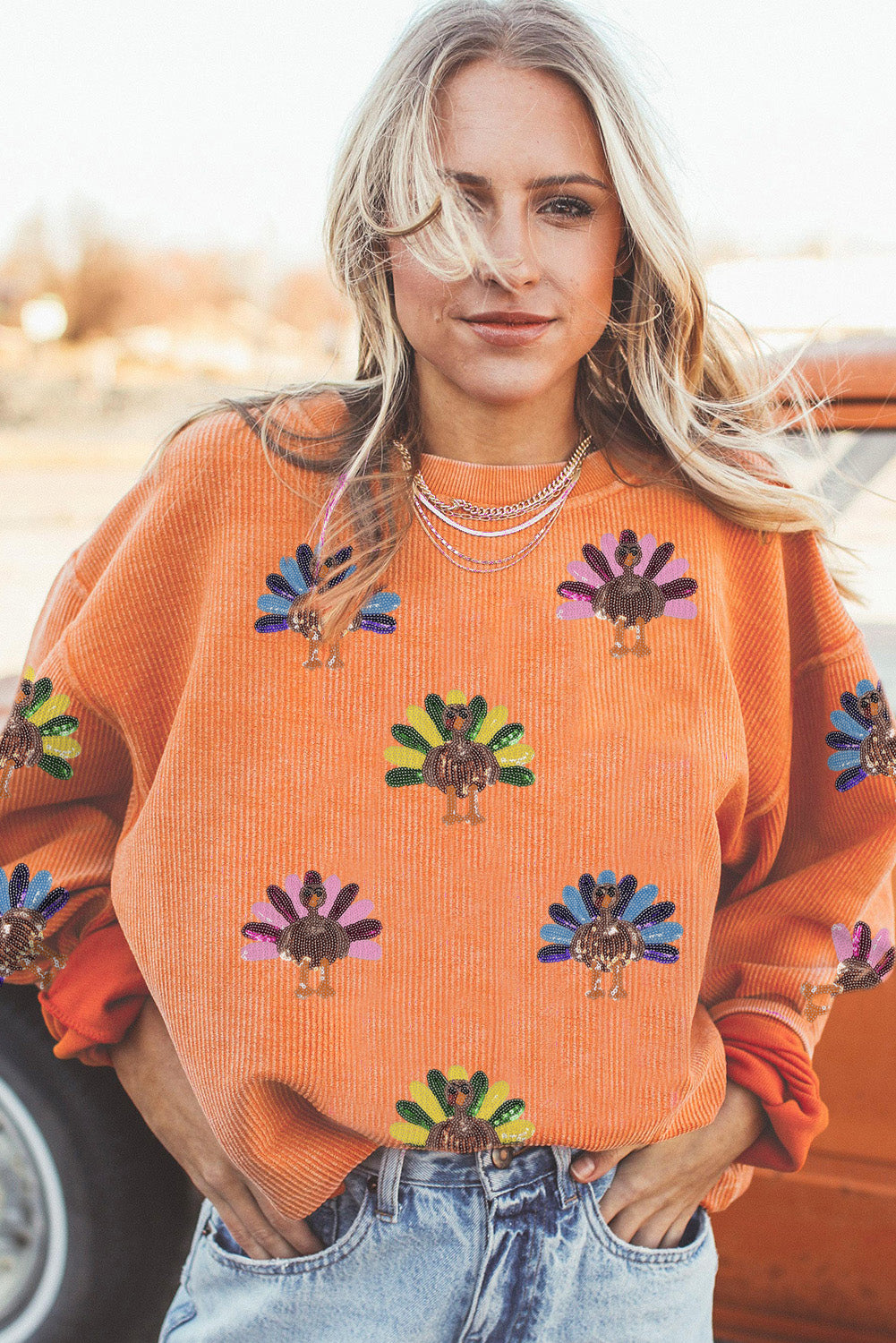 Sequined Turkey Corded Oversized Thanksgiving Sweatshirt