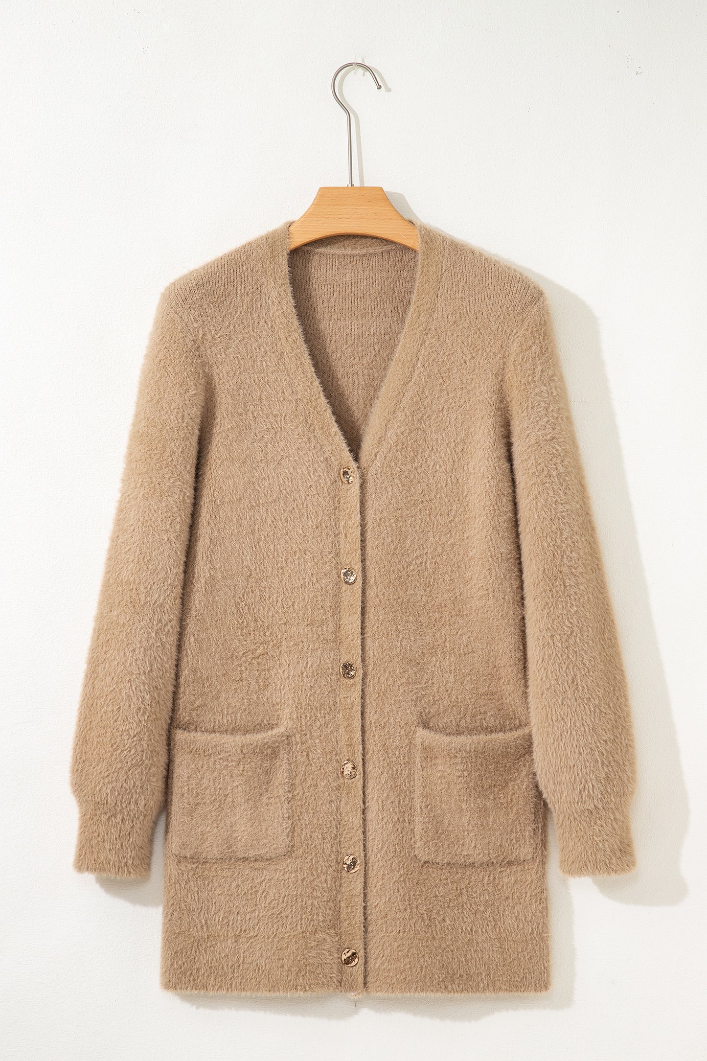 Soft Fuzzy Button Front Long Knit Cardigan with Pockets