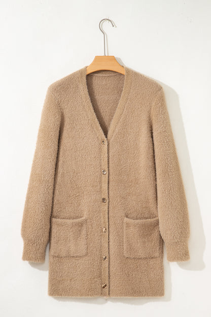 Soft Fuzzy Button Front Long Knit Cardigan with Pockets