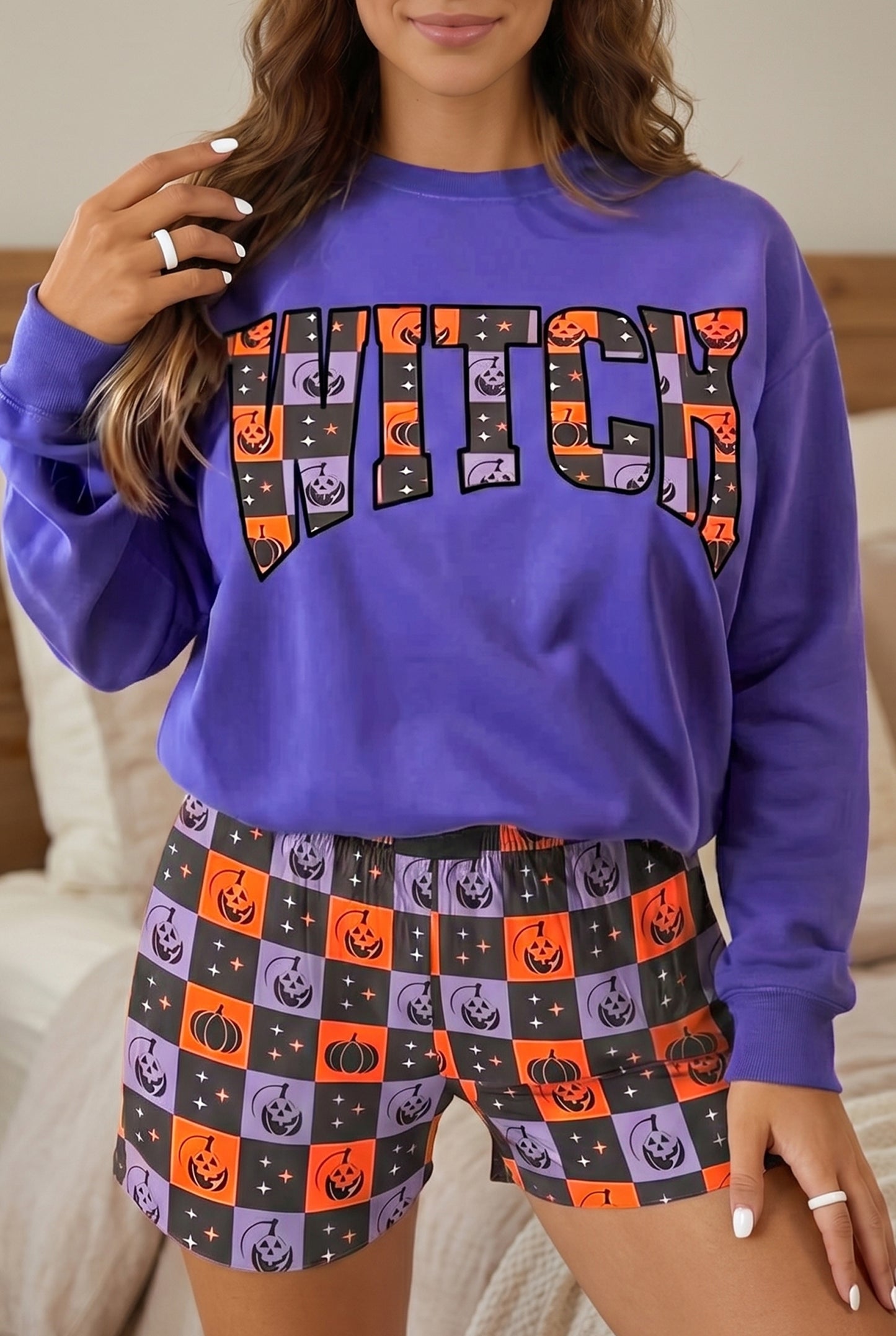 Halloween Witch Graphic Checkerboard Shorts Set