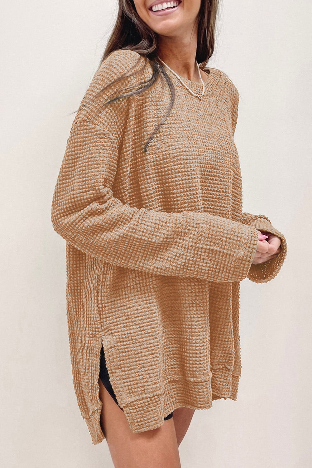 Black Waffle Knit Oversized Top with Side Slits