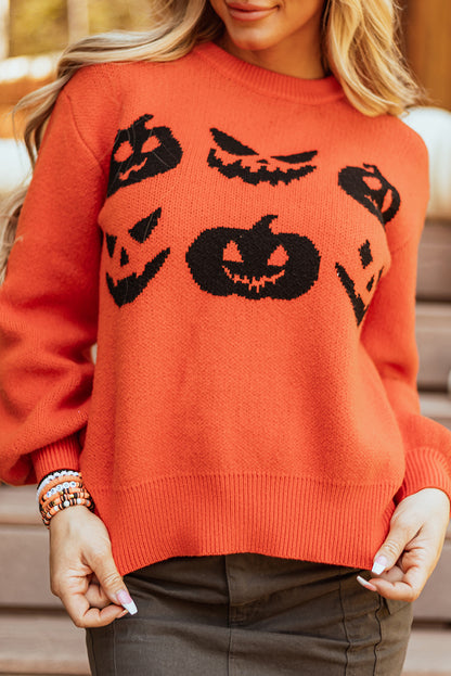 Orange Halloween Pumpkin Face Pattern Drop Shoulder Sweater