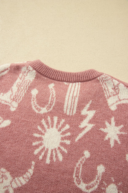 Western Celestial Print Oversized Crew Neck Sweater