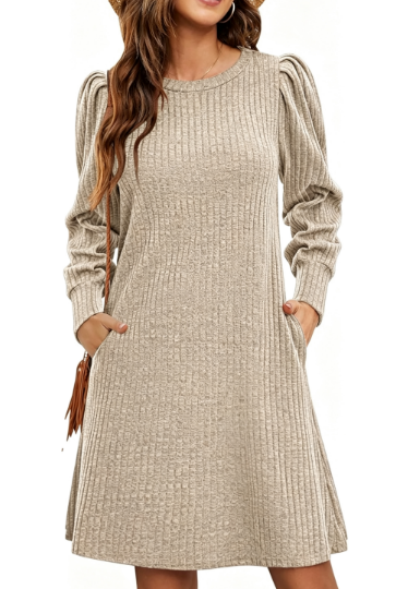 Women's Puff Sleeve Sweater Dress A-Line with Pockets
