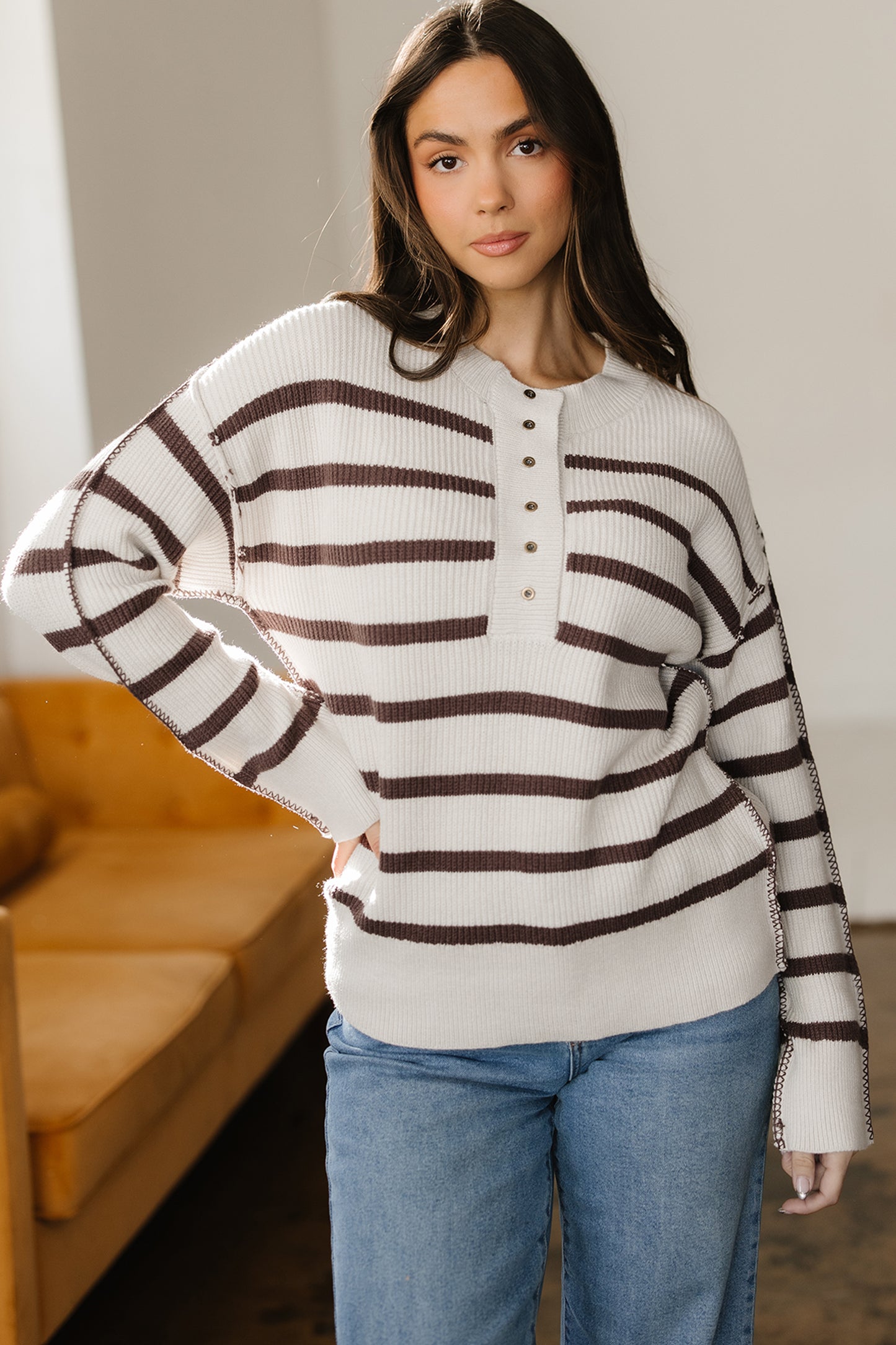 Striped Ribbed Henley Sweater Drop Shoulder Pullover