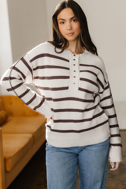 Striped Ribbed Henley Sweater Drop Shoulder Pullover