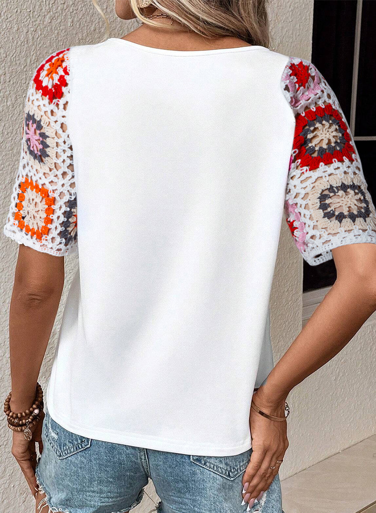 Casual Round Neck Floral Crochet Sleeve Top