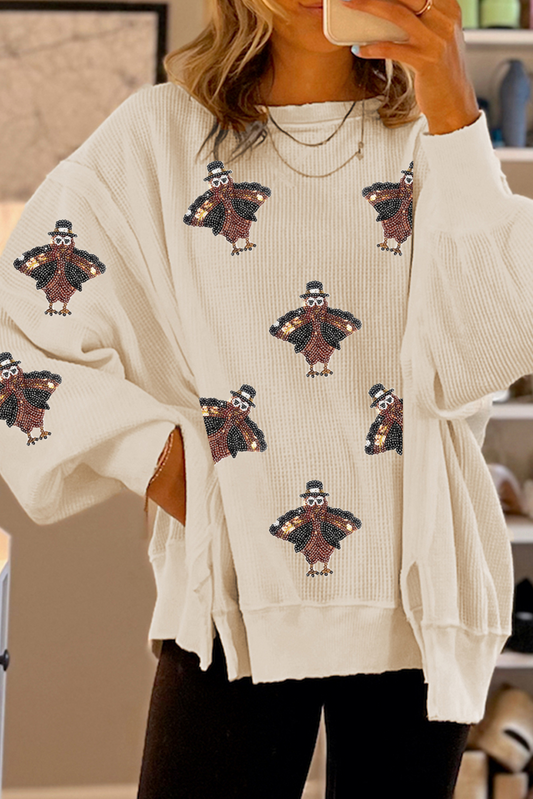White Sequin Thanksgiving Turkey Waffle Knit Pullover