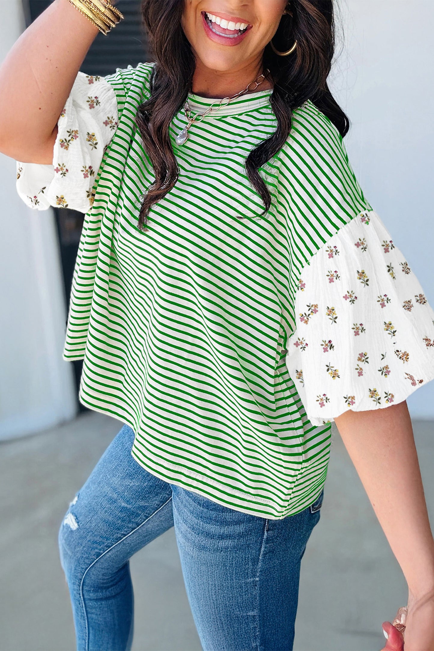 Striped Floral Patchwork Puff Sleeve Loose Casual Top