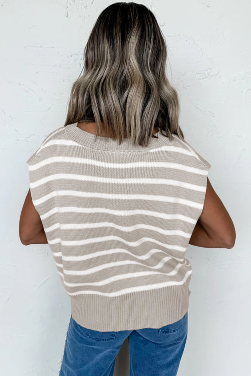 Parchment Striped Short Sleeve Crewneck Knit Sweater Top
